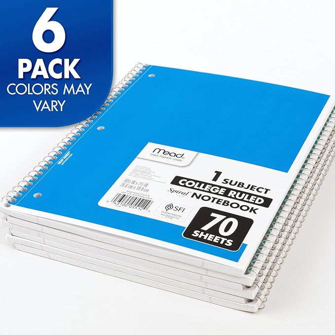 Mead Spiral Notebook, 1 Subject, College Ruled Paper, 7-1/2" x 10-1/2", 70 Sheets per Notebook, Colors Will Vary (73065) (Pack of 24)