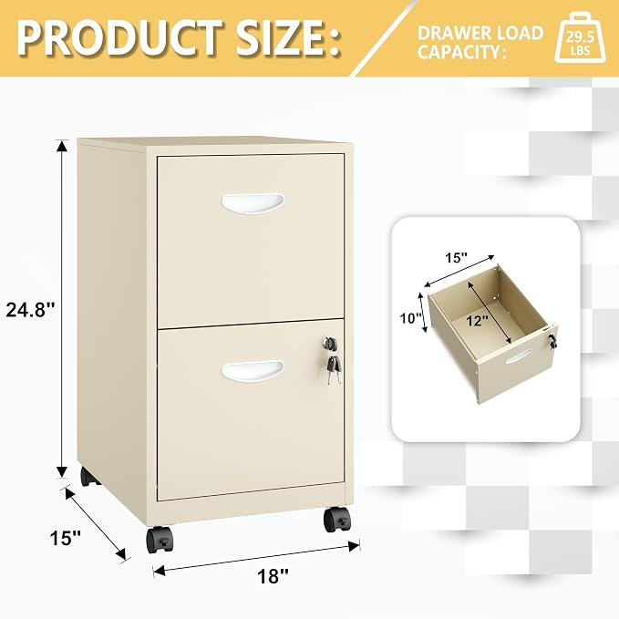 Polup 2 Drawer Rolling File Cabinet with Lock for Home Office | Metal Mobile Filing Cabinet on Wheels, Small Under Desk Storage, Fits Hanging Letter Size, Printer Stand, Cream