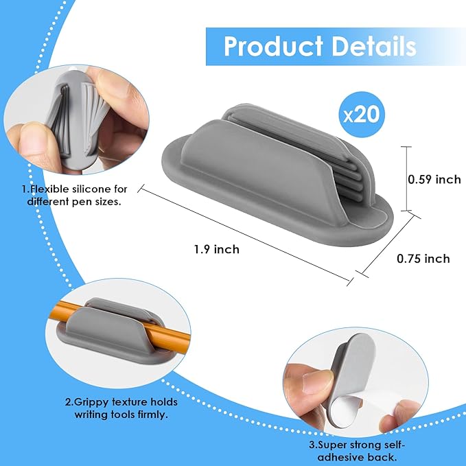 20 PCS Adhesive Pencil Holders for Desk, Silicone Pencil Holder for Notebook, Marker Holder for Clipboard and Wall, Classroom School Office Desk Accessories, Teacher Supplies