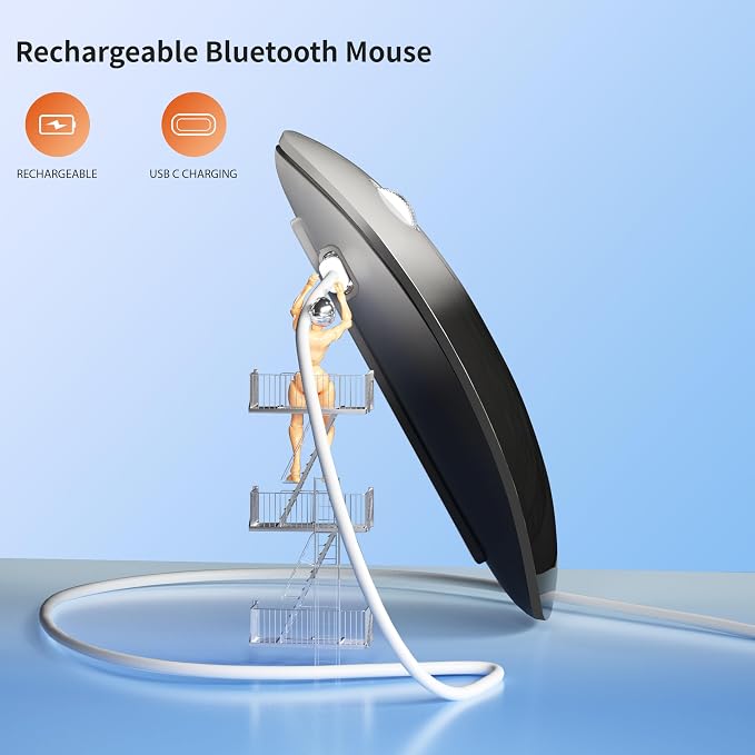 TENMOS M18 Bluetooth Mouse, USB C Rechargeable Wireless Mouse, Grey&Black | Tri-Mode BT5.1/5.0+2.4G, Silent, Portable, Battery Level Visible, USB Receiver,Type C Adapter, for Laptop/Macbook/iPad/PC