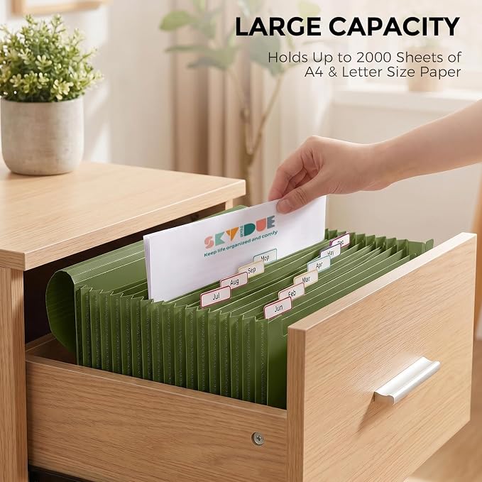 SKYDUE Accordion File Organizer, Expanding File Folder with 13 Pockets, Portable Document Paper Bill Receipt Organizer, Home School Office Supplies, Letter A4 Size OliveGreen