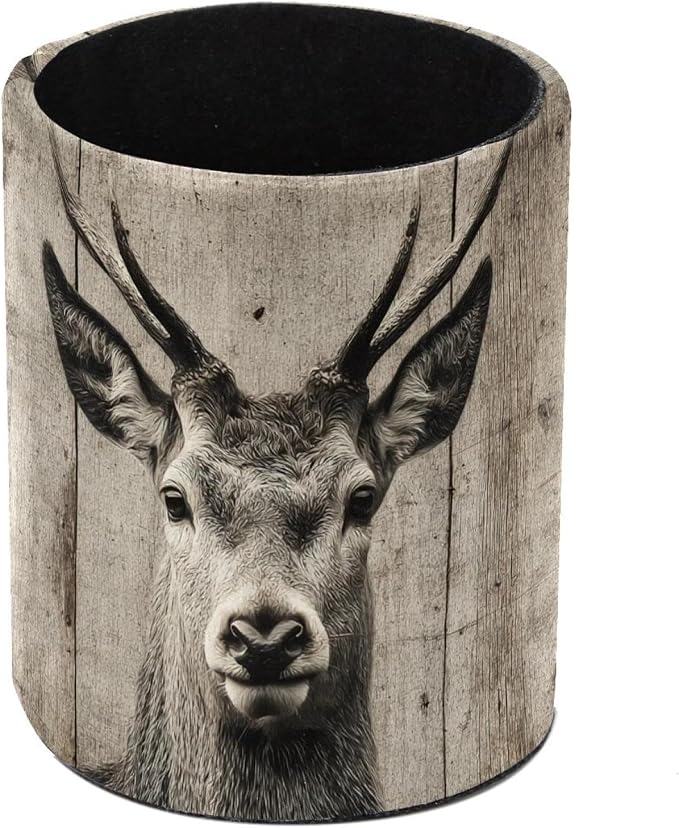 Leather Pen Holder for Desk, Ancient Wooden Wall Deer Pencil Cup Pen Organizer Makeup Brush Holder for Office Home Kids Countertop Desk Accessory Storage