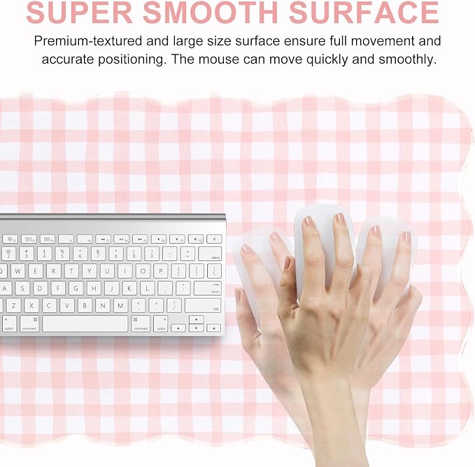 L-SPOUTTO Pink Checkered Mouse Pad,Cottagecore Scalloped Desk Mat XXL Large Cute Pastel Gaming Mousepad,35.4x15.7in Non-Slip Keyboard Pad Waterproof Desktop Mat for Laptop Computer Game Home Office