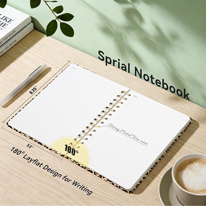 Lined Spiral Journal Notebook for Work A5, 160 Pages, Brown Leopard Print | College Ruled Spiral Journal for Women, Hardcover with Elegant Design for Note-Taking, 5.5 * 8.25 inch