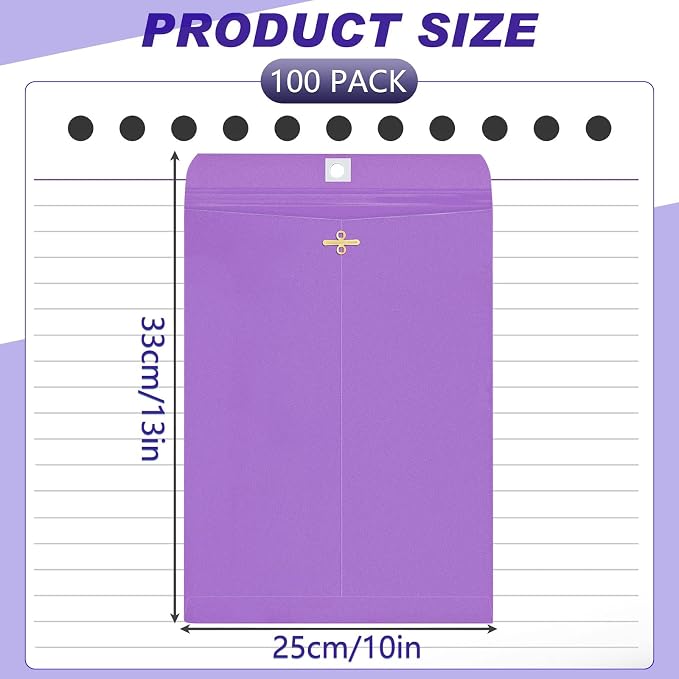 Geyee 100 Pcs Clasp Manilla Envelopes 10 x 13 Inch Gummed Colored Envelopes for Storing or Mailing for Home Office Business Supplies(Purple)