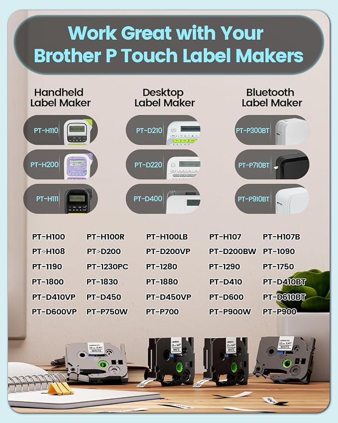 TZe TZ Tape 12mm 0.47 Laminated White Replacement for Brother Label Tape | P Touch Label TZe-231 TZe231 Compatible with Brother PT-D210 PT-D220 PT-H110 PT-D410 PT-P710BT, 12mm x 8m, 4-Pack
