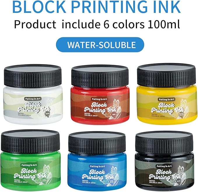 Falling in Art Water-Soluble Block Printing Ink, 6-Color Printmaking Ink Set for Linoleum Block, 3.5 floz