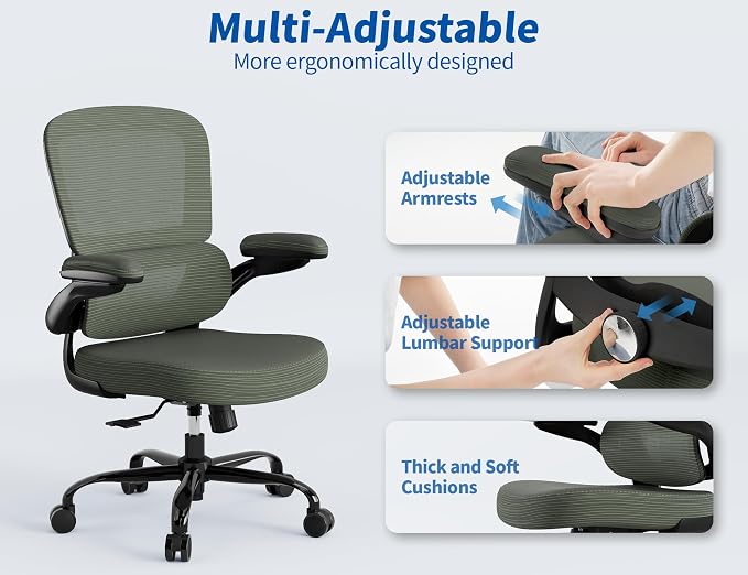 TRALT Ergonomic Office Chair Desk Chair with Adjustable Lumbar Support | Desk Chair Comfy with Flip-up Armrests Ergonomic Chair - Mesh Computer Chairs for Adults, 330lbs, PU Leather (Dark Green, 1)