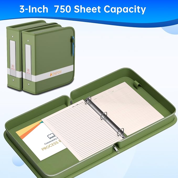 ENGPOW 3 Ring Binder,Fireproof 3" D Ring Organizer with Zipper & Pockets | Holds 750 Sheets,Non-Stick,PVC-Free,Compatible with Sheet Protectors,Durable School Office Home Safe Storage for Paper,Green