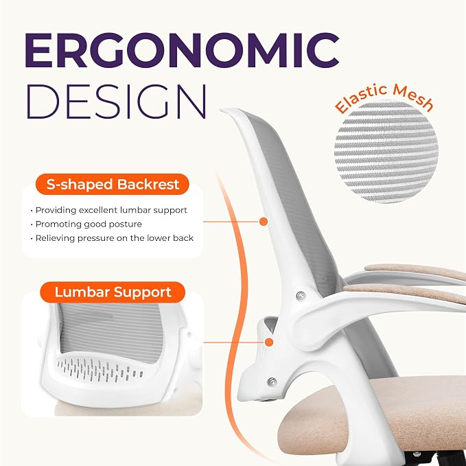 NEO CHAIR Office Desk Chair, Ergonomic Mesh with Flip-Up Armrests, Beige | Lumbar Support, Height Adjustment, 360° Swivel and Rolling Base, Space-Saving Design for Home Office, Vanity or Study