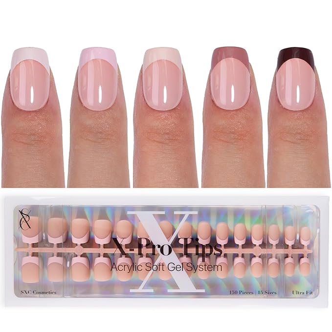 SXC Cosmetics French Tip Press On Nails 150 Pieces in 15 Sizes Ultra Fit with Pre-applied Tip Primer and Base Coat, No Need to File Fake Nails for Nail Art DIY X-Pro Tips (ST113-XS Square)