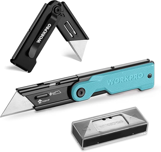 WORKPRO Folding Utility Knife with 10 Extra SK5 Blades, EDC Razor Sharp Knife with G10 Handle, Quick Change Box Cutter with Belt Clip, for Heavy Duty, DIY, Home, Office & Artcraft Use - Blue
