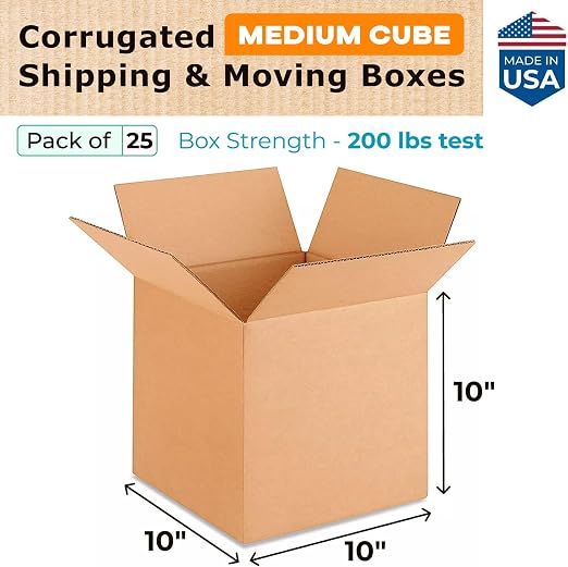Medium Cube Moving & Shipping Boxes 10"L x 10"W x 10"H (25-Pack) - Extra Strength 200 lb vs Regular - Corrugated Strong Cardboard Boxes - Medium Moving Box - Heavy Duty Box by IDL Packaging | Extra Strength 200 lb vs Regular - Corrugated Strong Cardboa...
