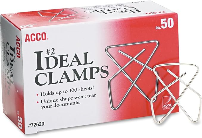 ACCO Ideal Butterfly Paper Clamps, Steel Wire, Small 1.5 Inch Size, 100 Sheet Capacity, Silver, 50 Clamps per Box (A7072620)