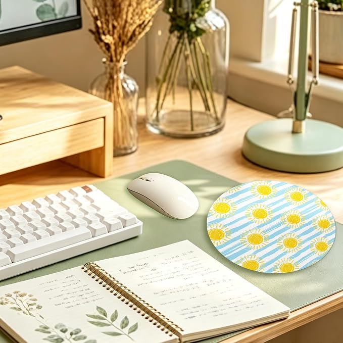 Ocean Beach Sunshine Blue and Yellow Round Mouse Pad 7.9x7.9in | Beach Desk Decor,Minimalist Sun Coastal Nautical Mousepad Mouse Mat for Computer Laptop Home Office Dorm Desk Accessories