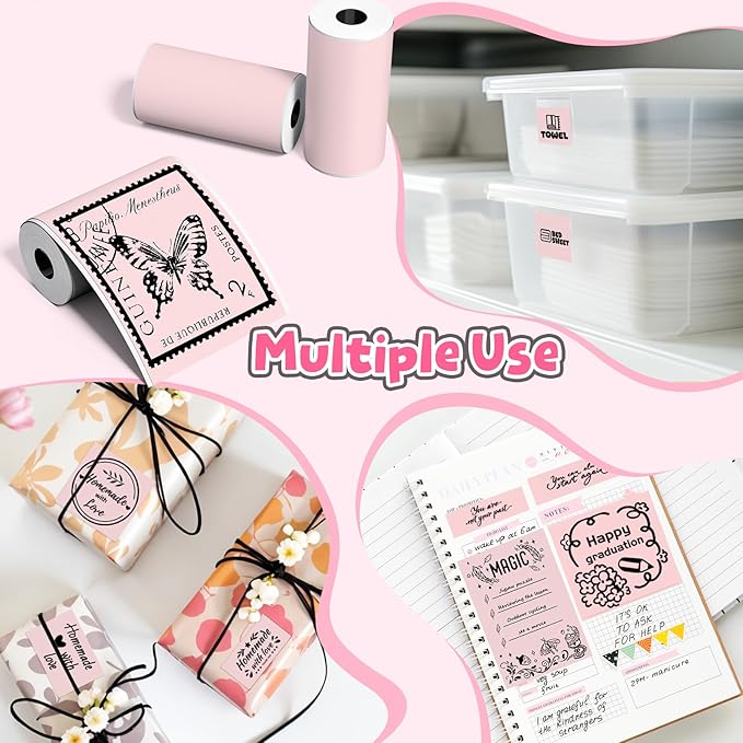 Phomemo Pink Self-Adhesive Thermal Paper, Glossy Printable Sticker Paper for Phomemo T02/T02Pro/Q02E/M02X/Y02C/Q02 Mini Sticker Printer, 50mm x 3.5m, Diameter 28mm, 3-Rolls, Image Time 20 Years