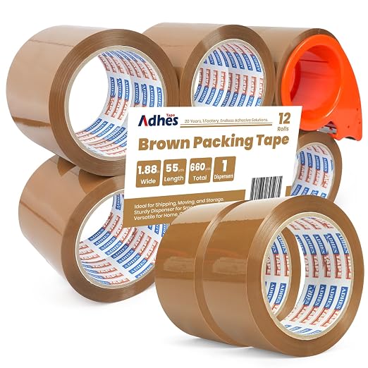 ADHES Brown Packing Tape with Dispenser, 1.88 Inch x 55 Yards | 12 Rolls Heavy Duty Shipping Tape for Moving Boxes, Packaging and Storage, Strong Adhesive