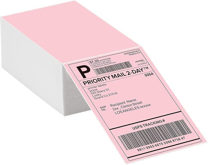 4"x6" Pink Direct Thermal Labels, 500 Fanfold Shipping & Address Label Paper, Self-Adhesive Stickers for Thermal Printer, 1 Stack
