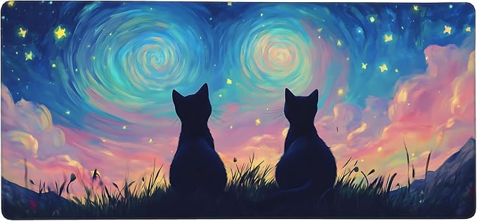 Cute Anime Black Cat Gaming Mouse Pad, Colorful Van Gogh Desk Mat with Anti-Slip Base & Stitched Edges,35.4" x 15.7" in Desk Accessories for Women, Home Office Decor & Artistic Gift