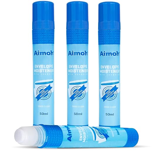 Aimoh Envelope Moistener & Envelope Sealer, Fast-Drying Adhesive 4-Pack | For envelopes, stamps & letters, Quick-drying, Clear finish, Non-toxic, 4 x 50ml, Home, office & school use (13454)