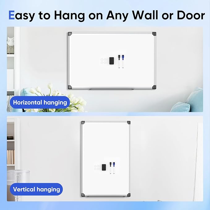 VUSIGN Magnetic White Board Hanging 36" x 24" for Wall, Dry Erase Board for Office, School, Home, Silver Frame, Includes Eraser, Markers, Magnets, Pen Tray