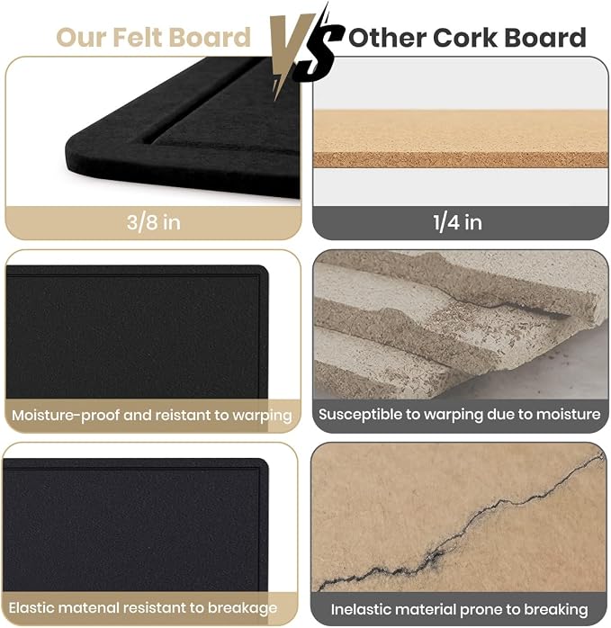 Bulletin Board 24" x 18" Felt Cork Board - Decorative Pin Board, Black | Cork Board Alternative for Wall, Foldable Self-Adhesive Vision Board Prayer Board with Pushpins for Home Office Classroom