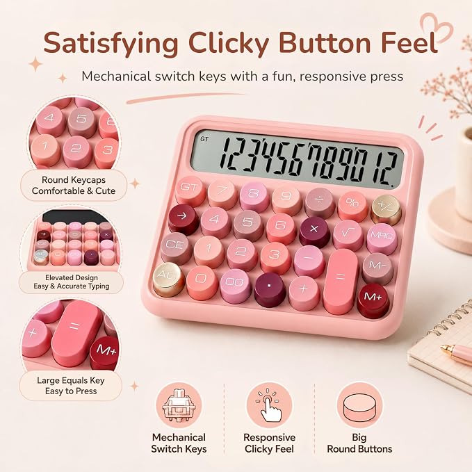 TRULY Mechanical Switch Calculator, Rose Pink Cute Retro 12-Digit Desktop Calculator with Satisfying Clicky Keys, Large Angled Display, Big Round Buttons for Office, School, Home & Gifting