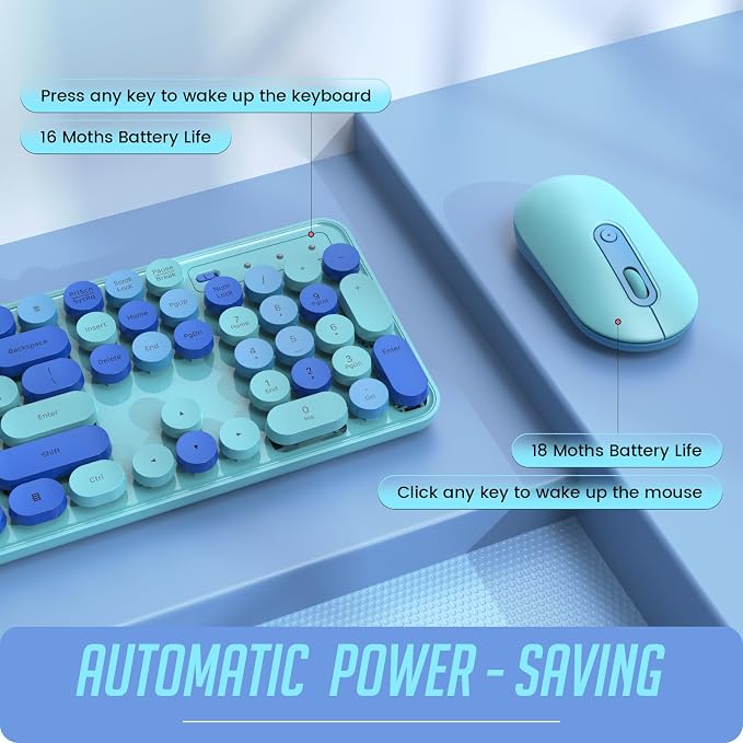 Wireless Keyboard and Mouse, Full-Sized Typewriter Keyboard Silent, Blue | USB Full-Sized Quiet Keyboard, Cute Colorful Round Keycaps, Plug & Play, Compatible with PC, Computer, Laptop