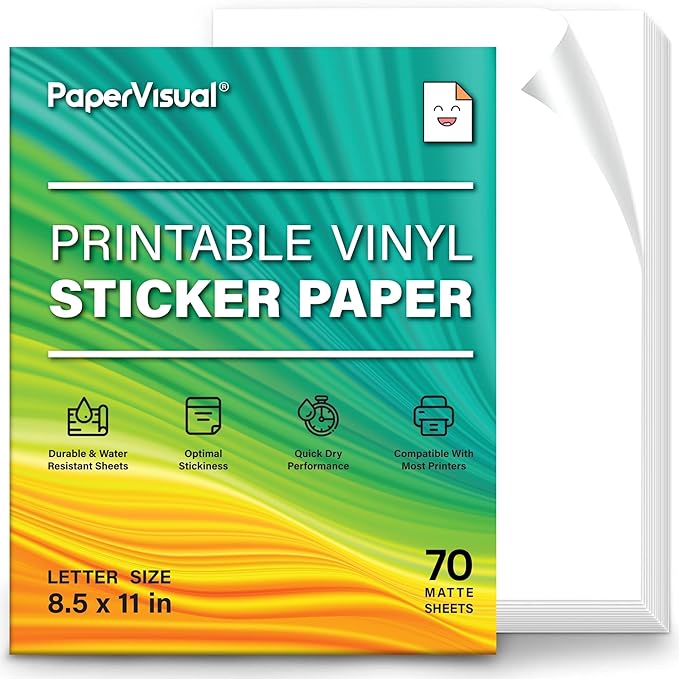 Premium Printable Vinyl Sticker Paper for Inkjet and Laser Printer - 70 White Matte Sticker Paper Waterproof - Excellent Adhesion Paper 8.5 x 11, Fast Dry, Holds Ink Well, Great for Cutting Machines