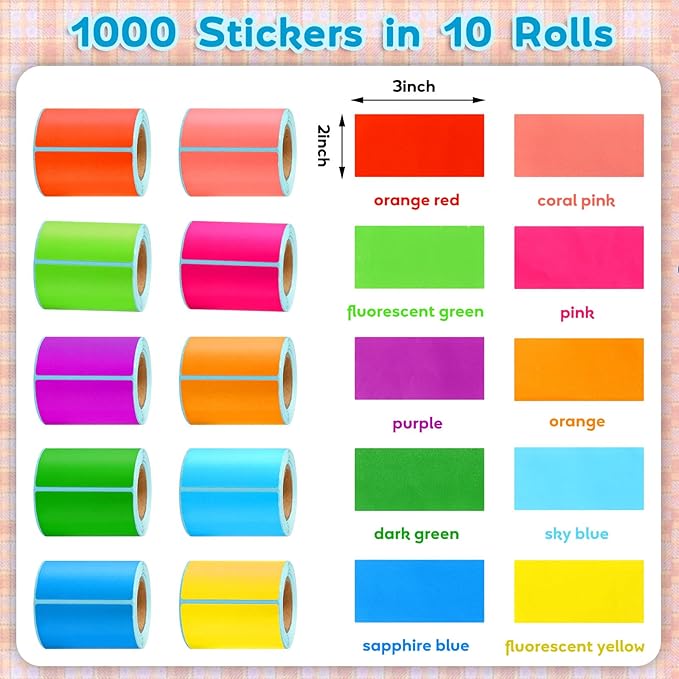1000 Colored Sticker Rolls - Rectangular Coding Labels in 10 Bright Colors - Self Sticky Folder Labels for Boxes, Folders, Classroom & Home (2 x 3 Inch)