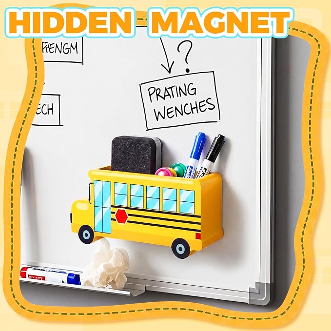 Yookeer 2 Pcs School Bus Magnetic Marker Holder for Classroom Whiteboard | Reusable Magnetic School Locker Organizer Decor, Wood Magnet Dry Erase Pen Holder, for Classroom Office Organizer Accessories