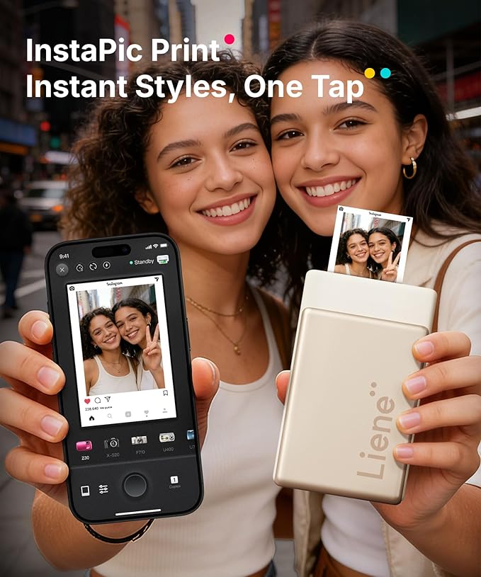 Liene Pearl N200 Pro Portable AI Photo Printer, Instant Mini Picture Printer for iPhone Smartphone, Thermal Dye Sublimation, Bluetooth Sticker Maker 50 Sheets 2x3 Adhesive Paper & 5 Cartridges, Gold