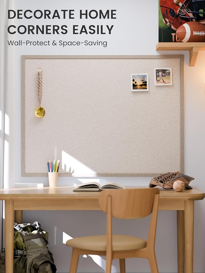 Fluxynara 47.2" x 35.4" Felt Frame Bulletin Board, Oatmeal | Cork Board Alternative with 36 Removable Adhesive Tabs, Foldable Pin Board for Wall, Home, Office, Classroom & Dorm
