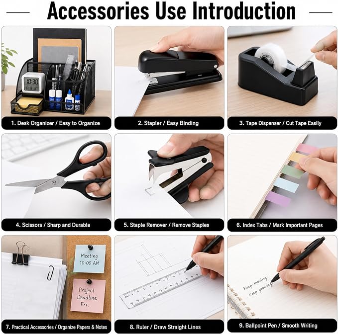 Black Office Supplies Set, Office Desk Accessories with Desk Organizer, Tape Dispenser, Stapler, Clips, Ruler, Scissors, Pen, Tape, Sticky Notes, Desktop Organizer for Back to School Supplies