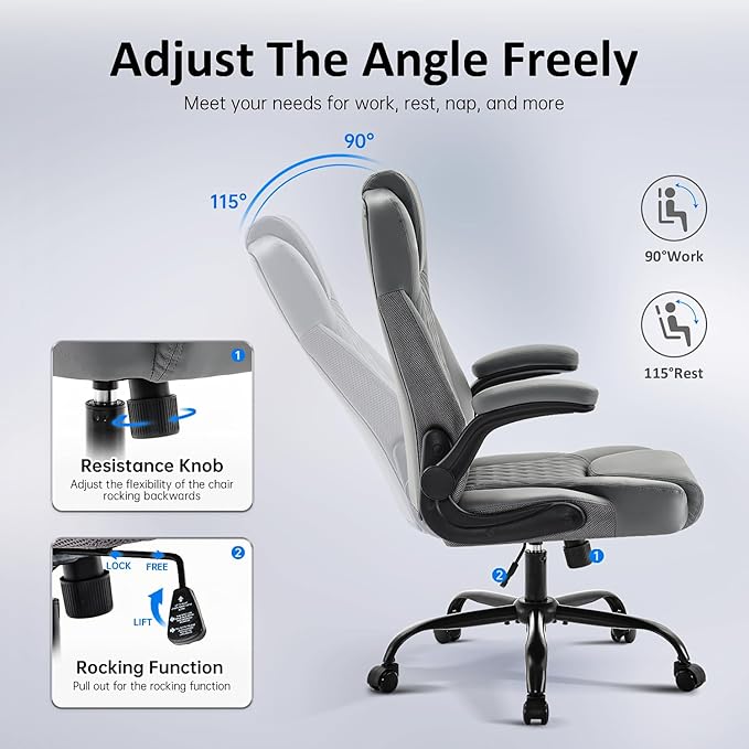 Office Chair, Executive PU Leather Chair Home Office Desk Chairs, Ergonomic Computer Desk Chair with Adjustable Flip-Up Arms, Lumbar Support Swivel Task Chair with Rocking Function (Gray)