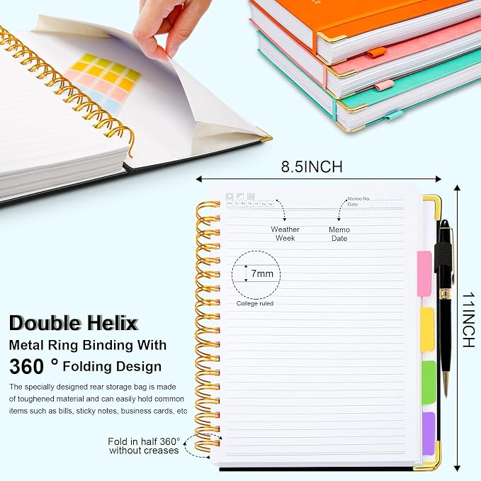 Hardcover Spiral Notebook 8.5"x11" Journal Notebook with Tabs and Removable Dividers 300 Pages 5 Subject Notebook College Ruled, Faux Leather Spiral Bound Notebook for Women School Work (Black)