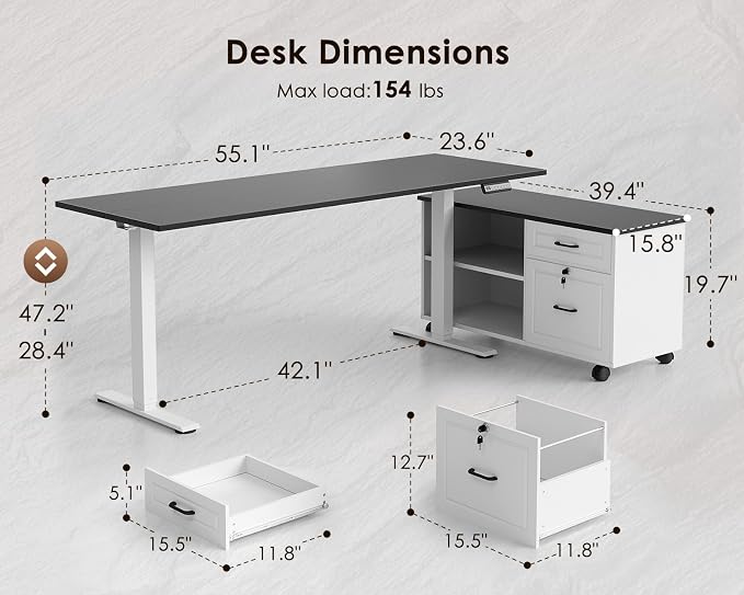 55" L Shaped Electric Standing Desk with Cabinet Sets, Black/White | Mobile Drawers & File Cabinet Sets for Flexible Layout, Height Adjustable Executive Stand Up Desk for Home Office Workstation