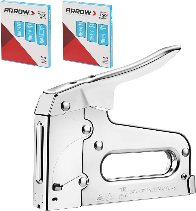 Arrow T50 Heavy Duty Staple Gun Kit with 3750 Pieces T50 Staples | All Chrome Steel Stapler with 3750 Pieces T50 1/4", 3/8", 1/2" Staples, for Upholstery Professional Projects