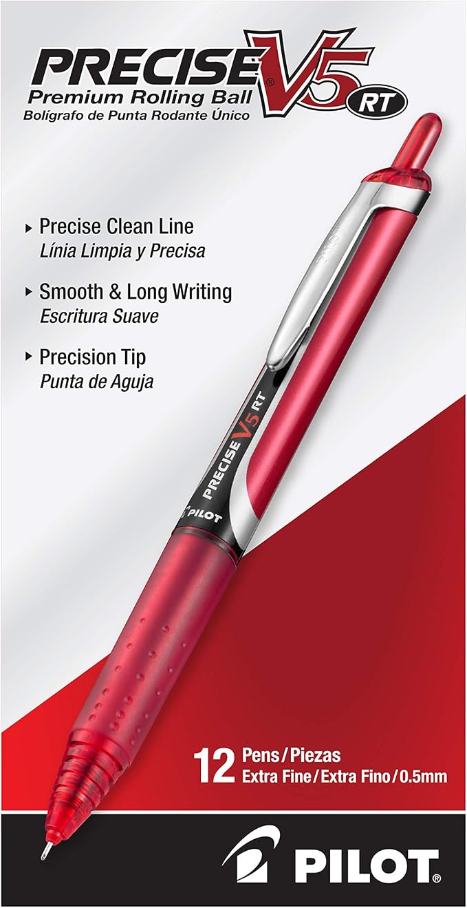 PILOT, Precise V5 RT Refillable & Retractable Rolling Ball Pens, Extra Fine Point 0.5 mm, Red, 12 Count (Pack of 12)