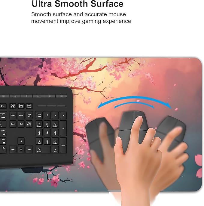 Cute Floral Aesthetic Cherry Gaming Mouse Pad, Pink Japanese Desk Mat with Anti-Slip Base & Stitched Edges,35.4" x 15.7" in Table Mat for Computer Desktop, Beautiful Workstation Decor