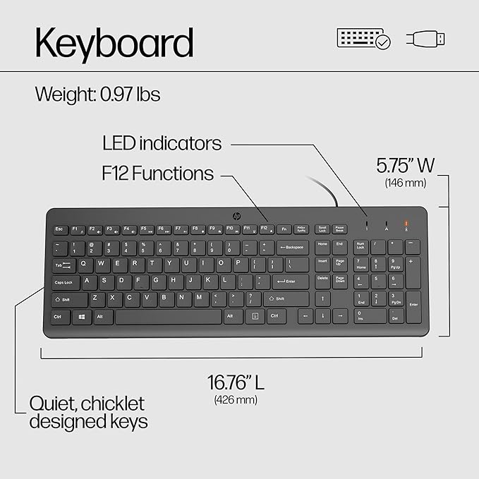 HP 150 Wired Keyboard - Full-Sized, Keyboard with Numeric Keypad - Silent-Touch Chiclet Keyboard - Ergonomic, Comfortable Design - USB Plug-and-Play Connectivity, LED Indicators (664R5AA, Black)