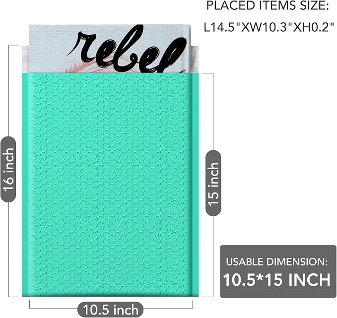 GSSUSA Teal Bubble Mailers 10.5x16" 500 Pack Padded Envelopes Self Seal | 10.5x15" Usable Size, Shipping Bags for Clothes Magazines, Strong Adhesion, Tear Proof Waterproof, Small Business Supplies