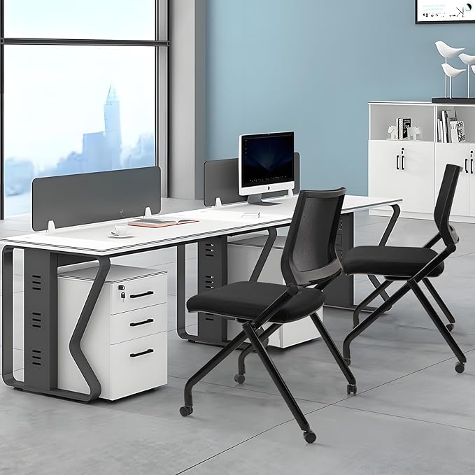 CLATINA Stackable & Foldable Conference Room Chairs, Waiting Room Chairs with Wheels & Lumbar Support, Ergonomic Mesh Bouncing Back Folding Chair for Office Meeting Schools Training Room, Black 10pk