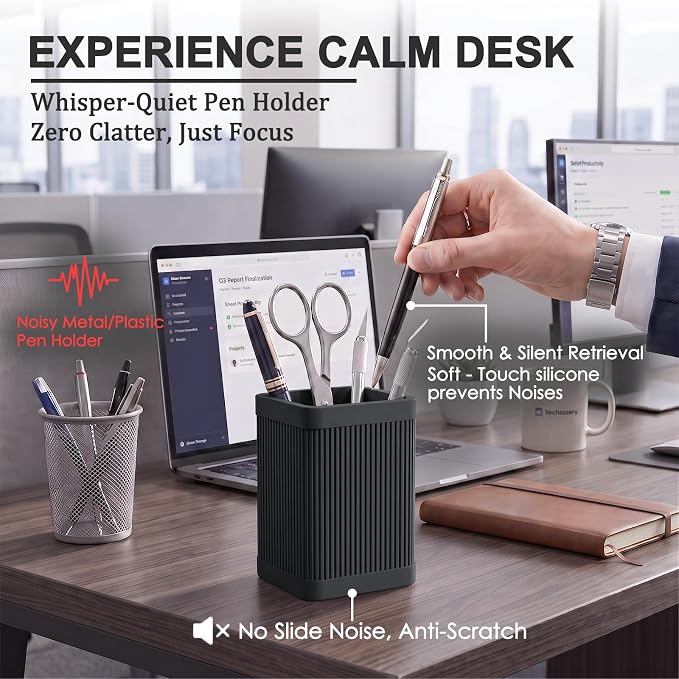 HighHerz Aesthetic Pen Holder For Desk, Modern Silicone Pencil Holder, Stylish Office Desk Decor, Made of 5 mm Thickened Premium Silicone, Office Desk Organizer And Accessories (Black)