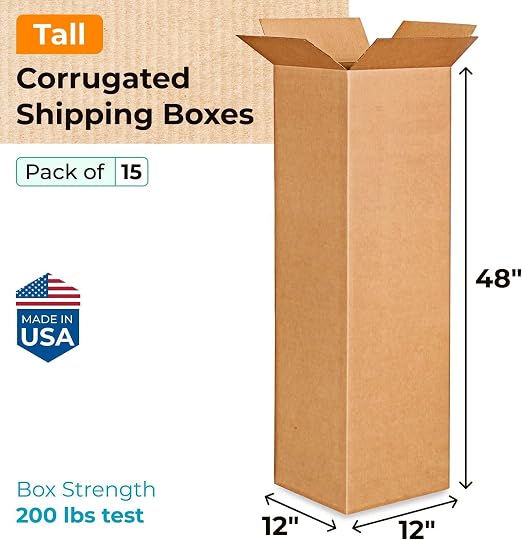 IDL Packaging Medium Corrugated Shipping Boxes 12"L x 12"W x 48"H (Pack of 15) - Prime Choice of Strong Packing Boxes for USPS, UPS, FedEx Shipping - Easy-to-Recycle Cardboard Boxes for Packaging | Extra Strength 200 lb vs Regular - Corrugated Boxes fo...