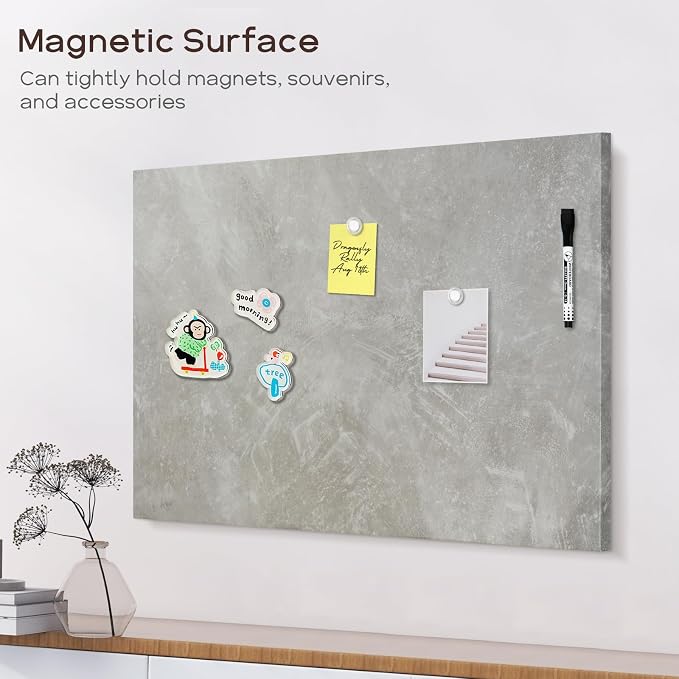 Decorative Magnetic Board for Wall, 24''x18'' Dry Erase Board, Concrete | Magnet Board, Display Board, Wall Mounted, for Home, Office, Kitchen, 2 Markers, 6 Magnets
