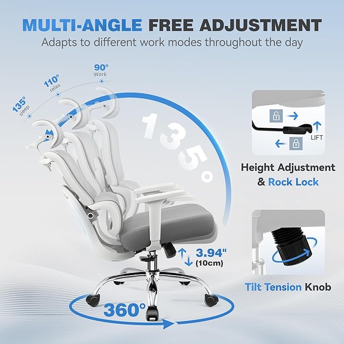 Ergonomic Office Desk Chair, High Back Mesh Office Chair with Adjustable Lumbar Support, 3D Headrest, Big and Tall Home Computer Desk Chairs Comfy for Work, Gaming, 300lbs, (Gray, 6 Pack)
