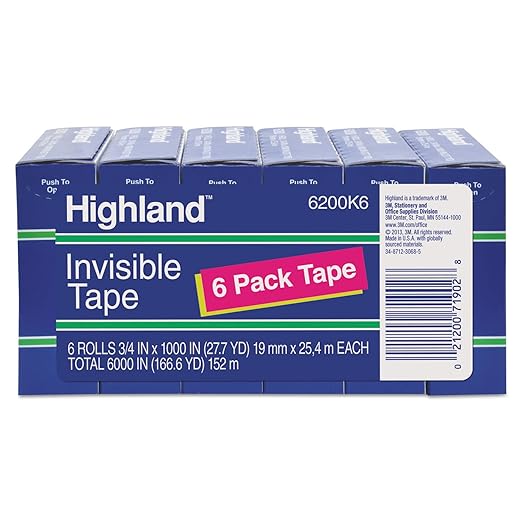 Highland 6200K6 Invisible Permanent Mending Tape, 3/4-Inch x 1000-Inch, 1-Inch Core, Clear, 6/Pack