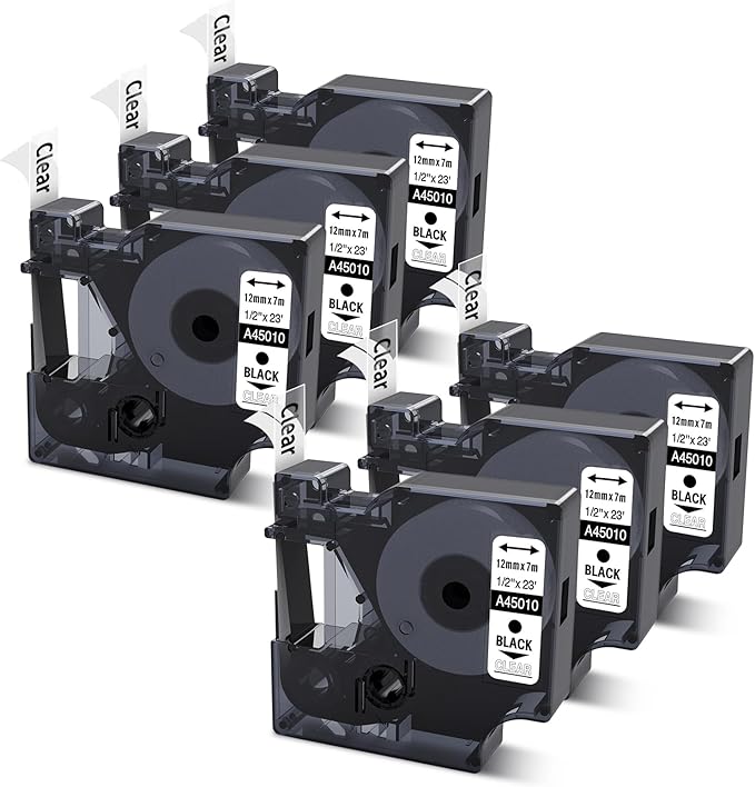 COLORWING Compatible with DYMO D1 Label Tape Black on Clear Replace for DYMO Label Maker Refills 45010 S0720500, 1/2Inch x 23Ft for Dymo LabelManager 160 210D 280 360D Label Maker, 6-Pack