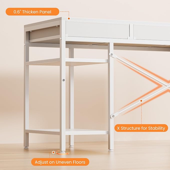 Sweetcrispy 47" Computer Desk with 6 Fabric Drawers & Storage Shelves | Reversible Gaming Desk, Office Desk, Computer Workstation, Corner Desk with Storag, Home Office, Living Room, White